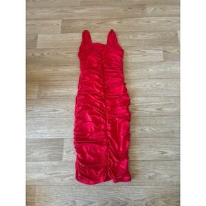 Red Ruched Bodycon Midi Dress Sleeveless Square Neck Cocktail Party Womens